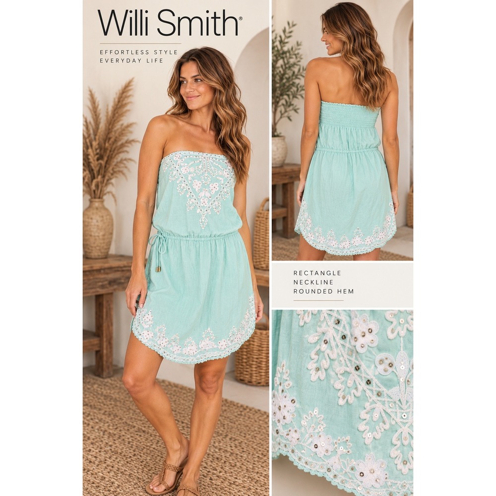 Willi Smith Mint Green Strapless Embroidered Sequin Mini Dress Smocked Size XL